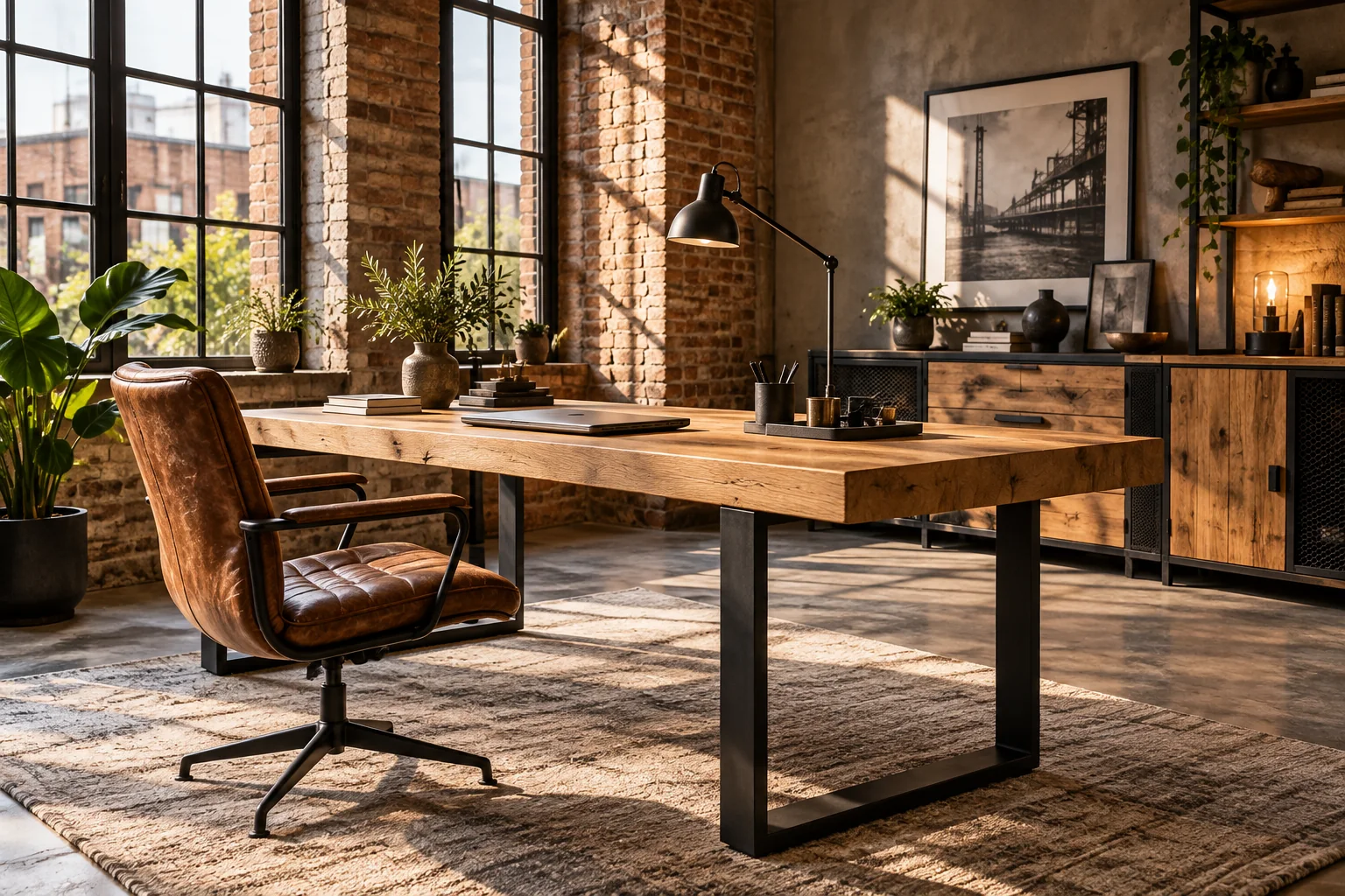 Industrial-Schreibtisch mit massiver Holzplatte und Metallgestell