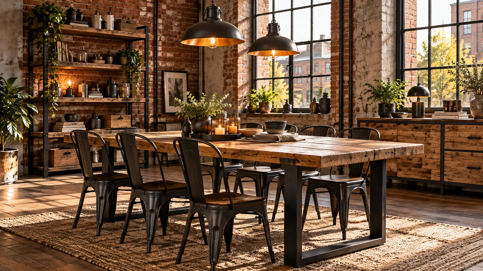 Industrial-Esszimmer mit massivem Holztisch und Metallstühlen