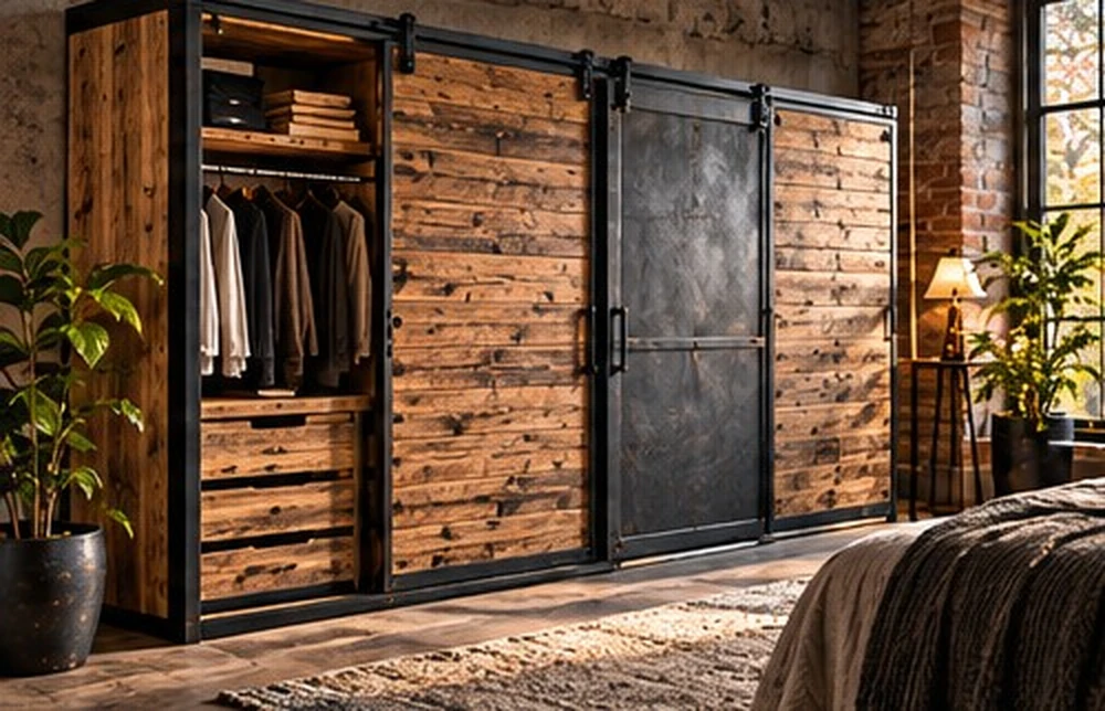Kleiderschrank mit Holzfronten und dunklen Metalltüren