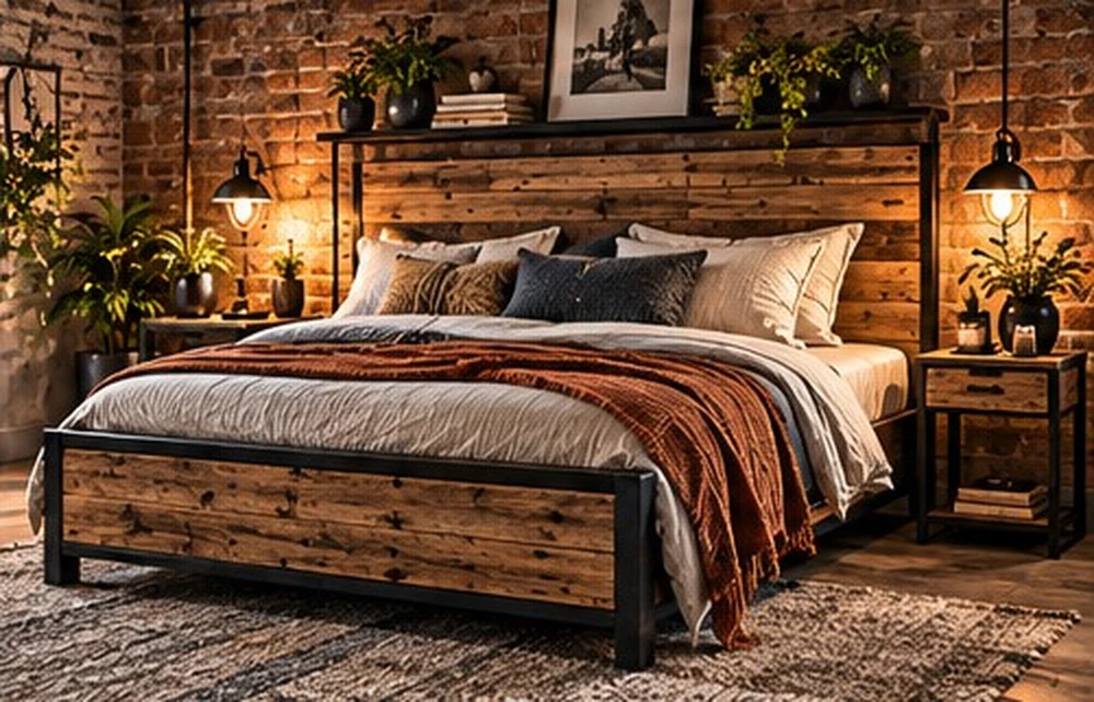 Bettgestell aus Holz und Metall im Industrial-Schlafzimmer