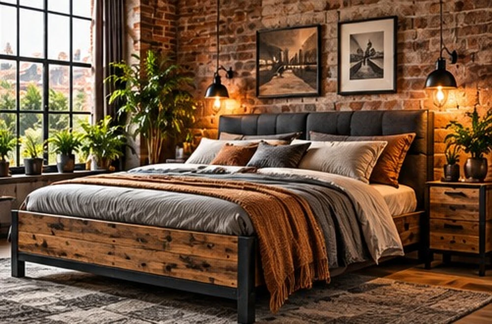 Industrial-Schlafzimmer mit Holz- und Metallelementen