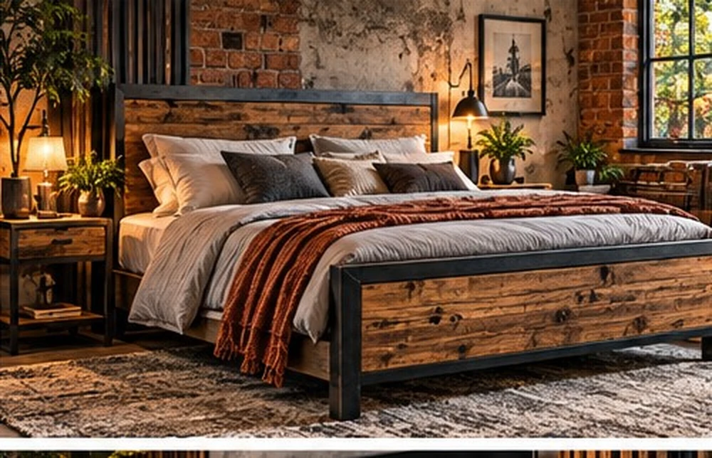Industrial-Schlafzimmer mit Holz und warmen Textilien
