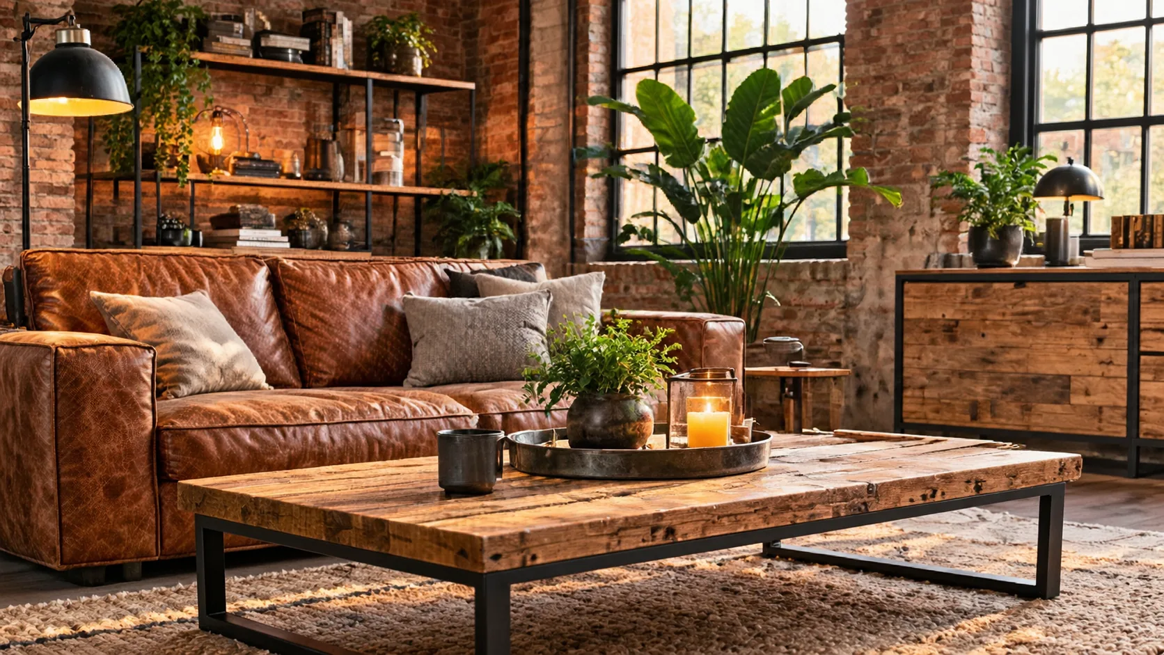 Detailansicht eines Industrial-Wohnzimmers mit Holz und Metall