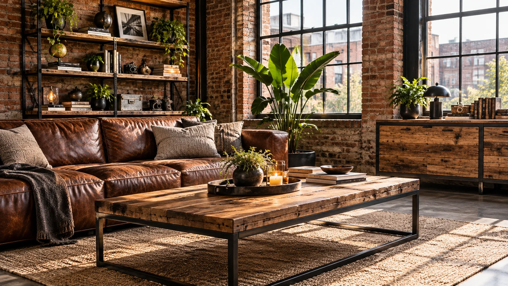 Gemütlicher Industrial-Living-Bereich mit Leder und Altholz