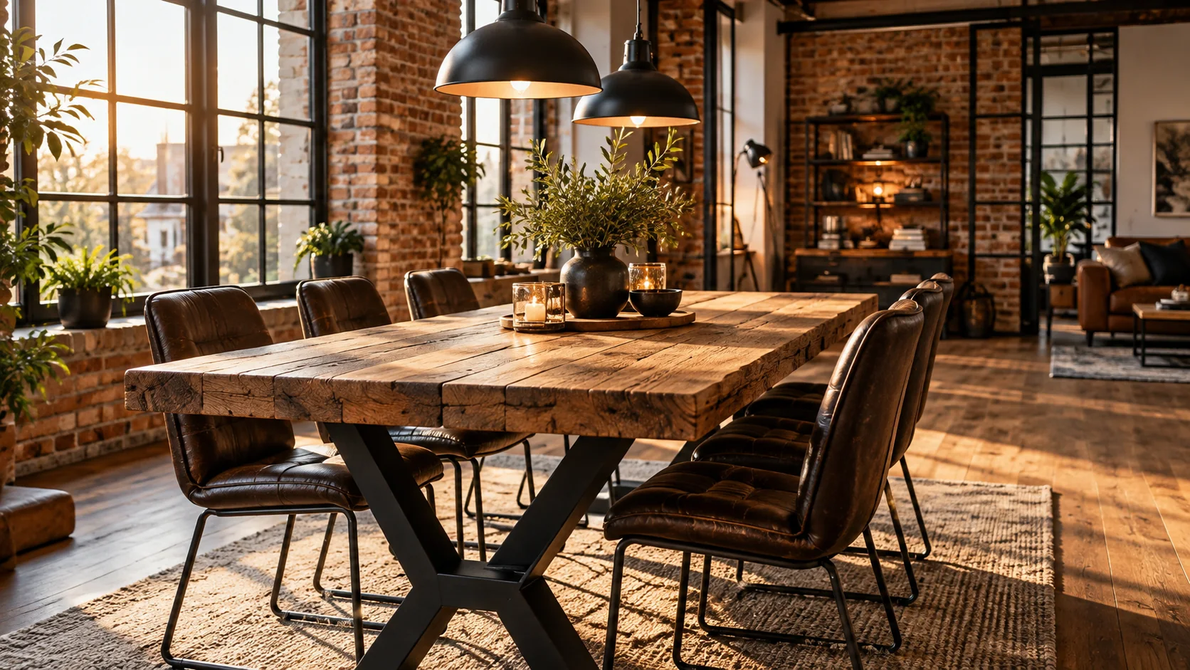 Industrial-Loft mit Möbeln aus Holz und schwarzem Metall