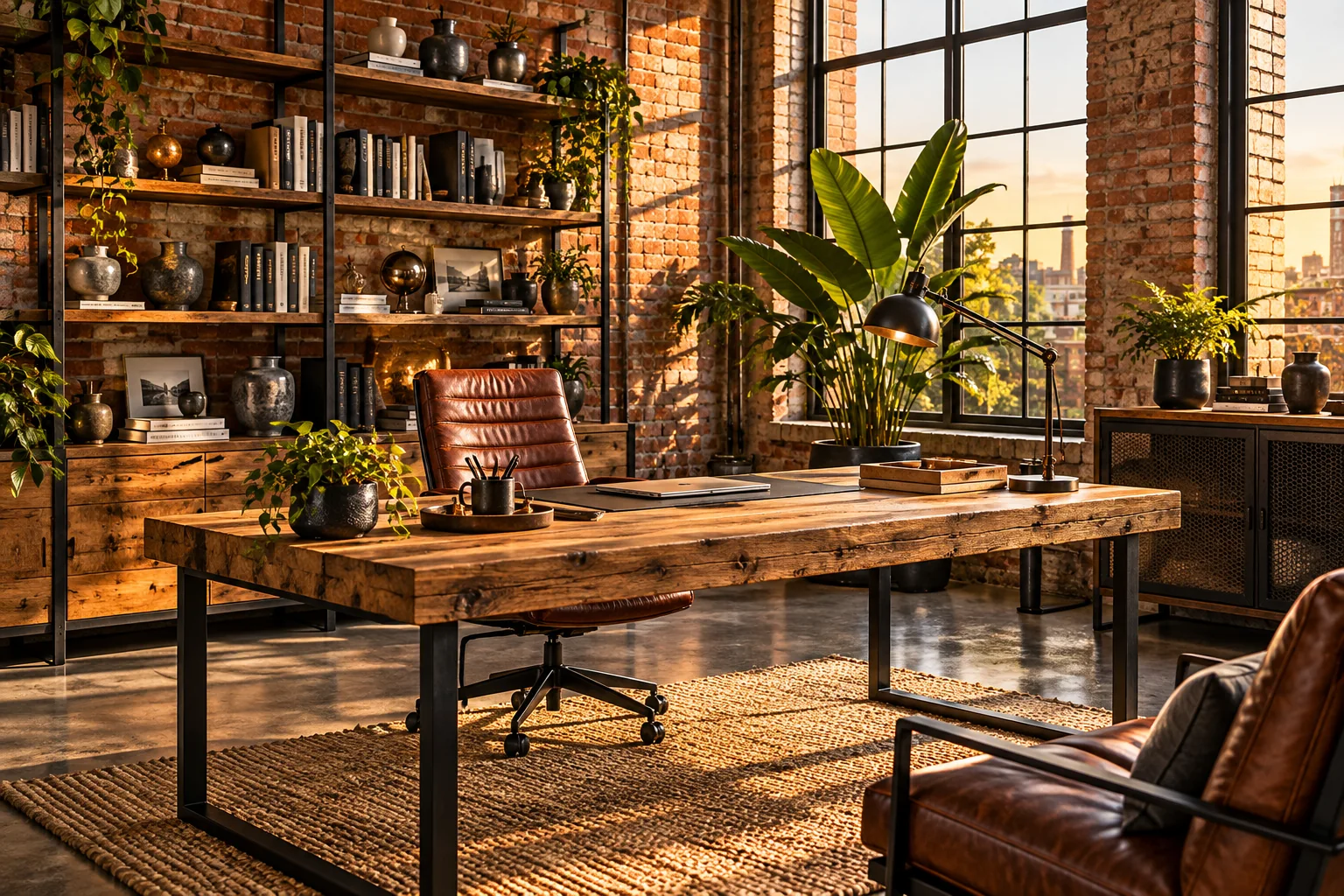 Arbeitsbereich im Industrial Style mit Holz, Metall und warmem Licht