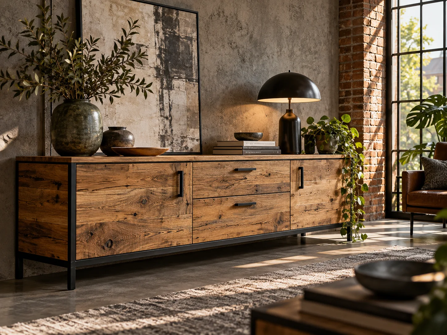 Industrial-Sideboard aus Holz und schwarzem Metall